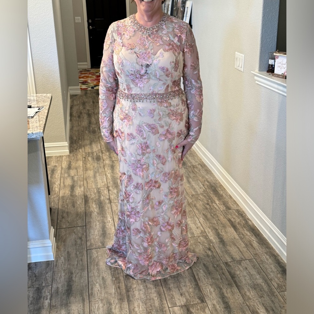 Mac Duggal Floral Embroidered illusion long sleeve trumpet gown.